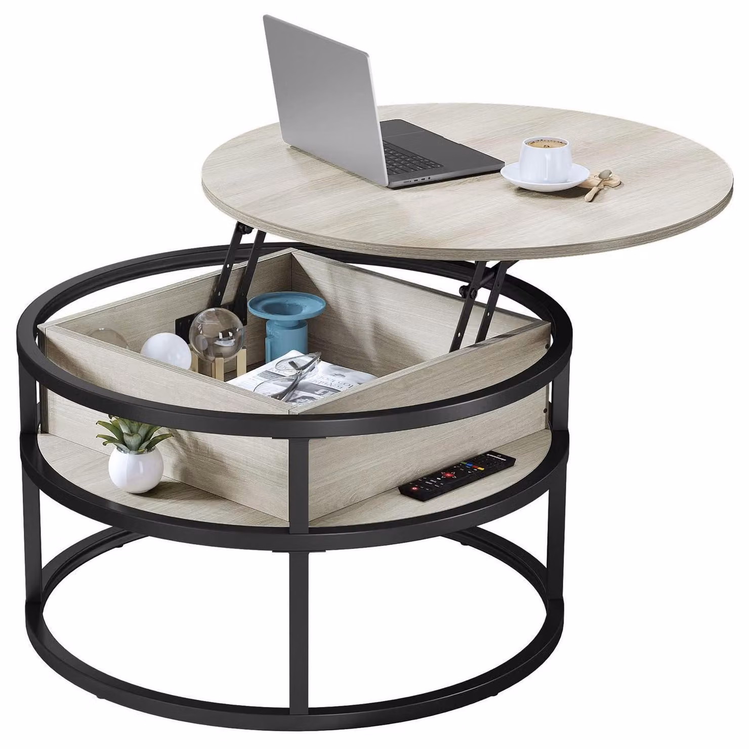 Tavolino rotondo con piano sollevabile, vano contenitore, 80x80x47 cm, rovere bianco