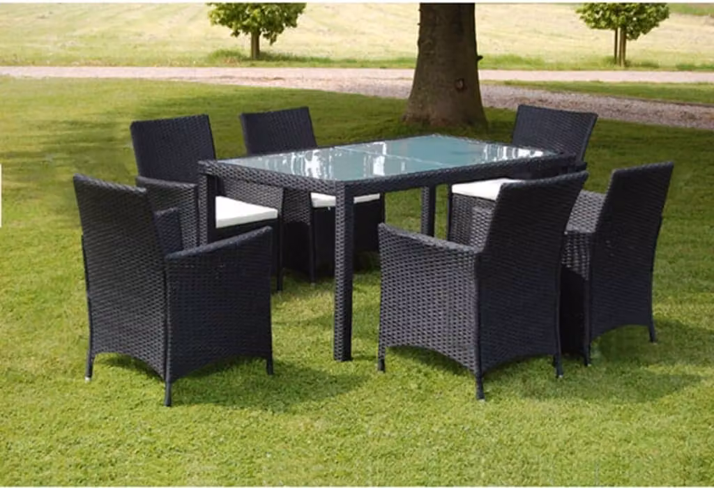 The Living Store Set da pranzo da giardino 7 pezzi con cuscini in poly rattan nero