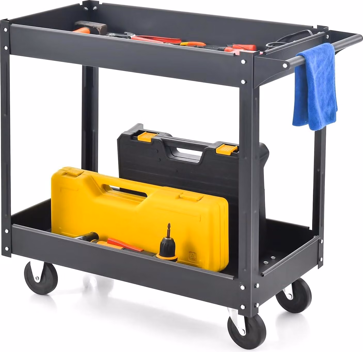 COSTWAY Carrello da officina con 2 ripiani, carrello porta attrezzi con maniglia, carrello da officina in metallo, capacità di carico fino a 100 kg, carrello di montaggio, carrello a ripiani per casa, garage, 85 x 41 x 79 cm (nero)