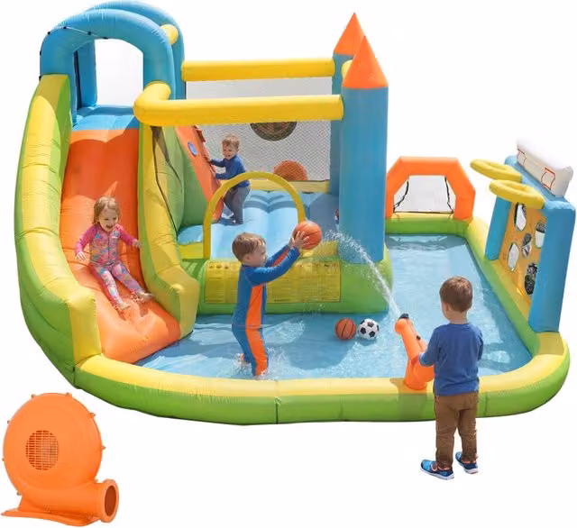 Castello gonfiabile per bambini 3-10 anni, 360x320x200 cm, con scivolo, area salto, piscina, rete da calcio, canestro e ventilatore