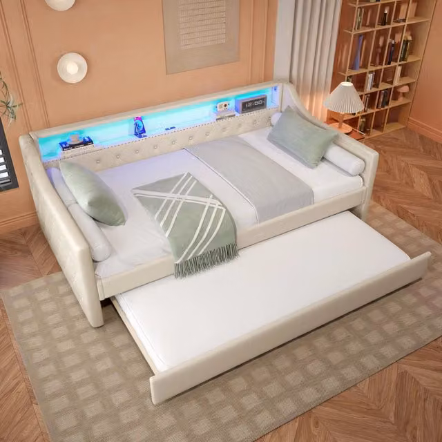 Letto divano singolo 90 × 200 cm con letto estraibile, LED regolabile e presa USB, senza materasso, beige