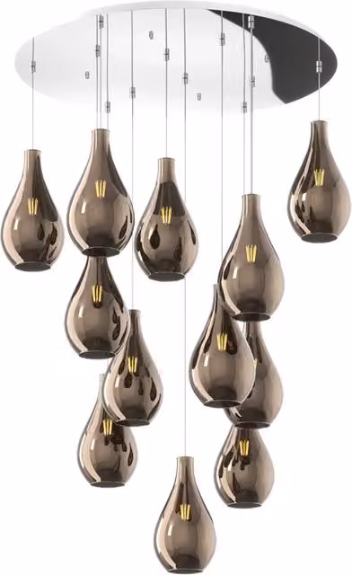 Lampadario Sospeso Contemporaneo Drop 2.0 Top Light in Metallo Cromo e Vetro Bronzo Trasparente con 12 Luci E27