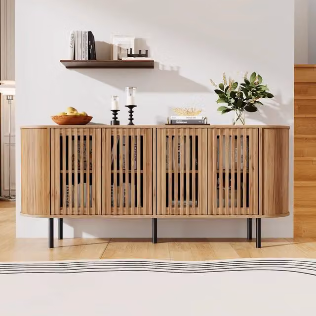 Sideboard 160x40x70 cm in MDF colore legno naturale, 4 ante scorrevoli forate, ripiani regolabili, gambe metallo stabili. Mobile moderno per soggiorno, corridoio, sala da pranzo