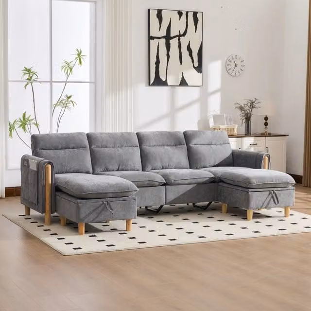 Divano panoramico modulare MIVRAY a 4 posti a forma di U in tessuto grigio con pouf coordinato e gambe in legno
