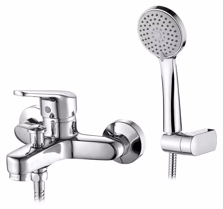 Miscelatore monocomando da bagno con doccetta manuale, da montare a parete, finitura cromata