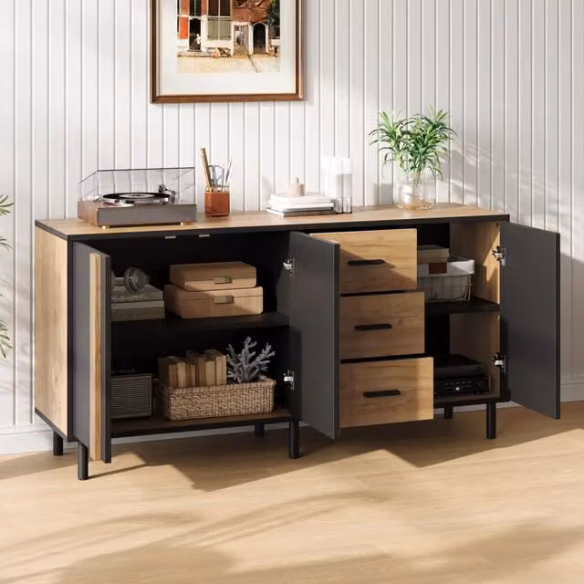 Credenza 140x35x70 cm in MDF con 3 ante e 3 cassetti; nero e effetto legno