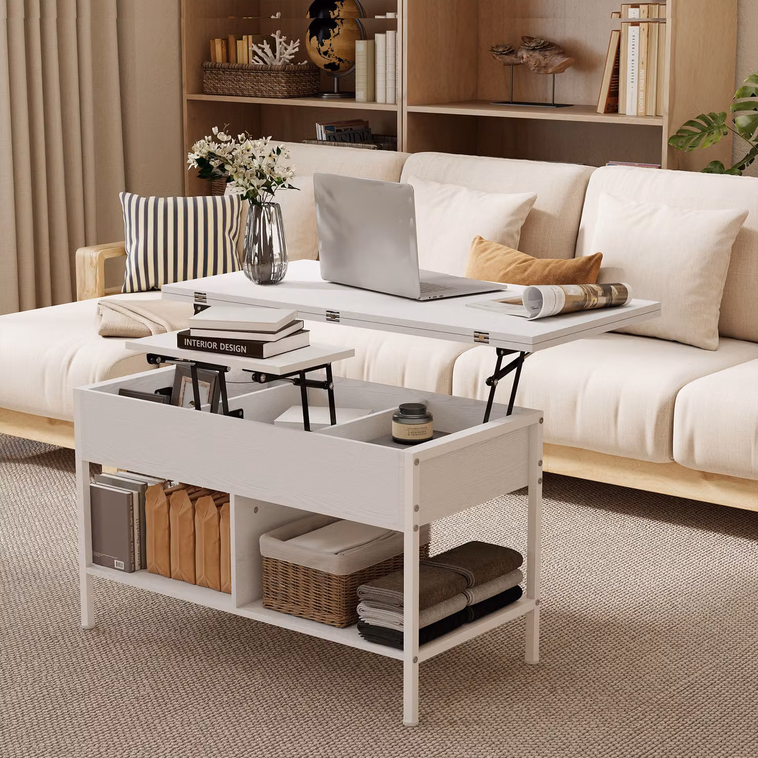 Tavolino da salotto HOMCOM alzabile e allungabile con vano nascosto, Bianco, L: 98 cm, P: 49 cm, H: 55 cm – 2