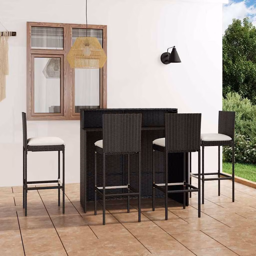 Set da Bar da Giardino vidaXL in Polyrattan Nero con 5 Cuscini – 1