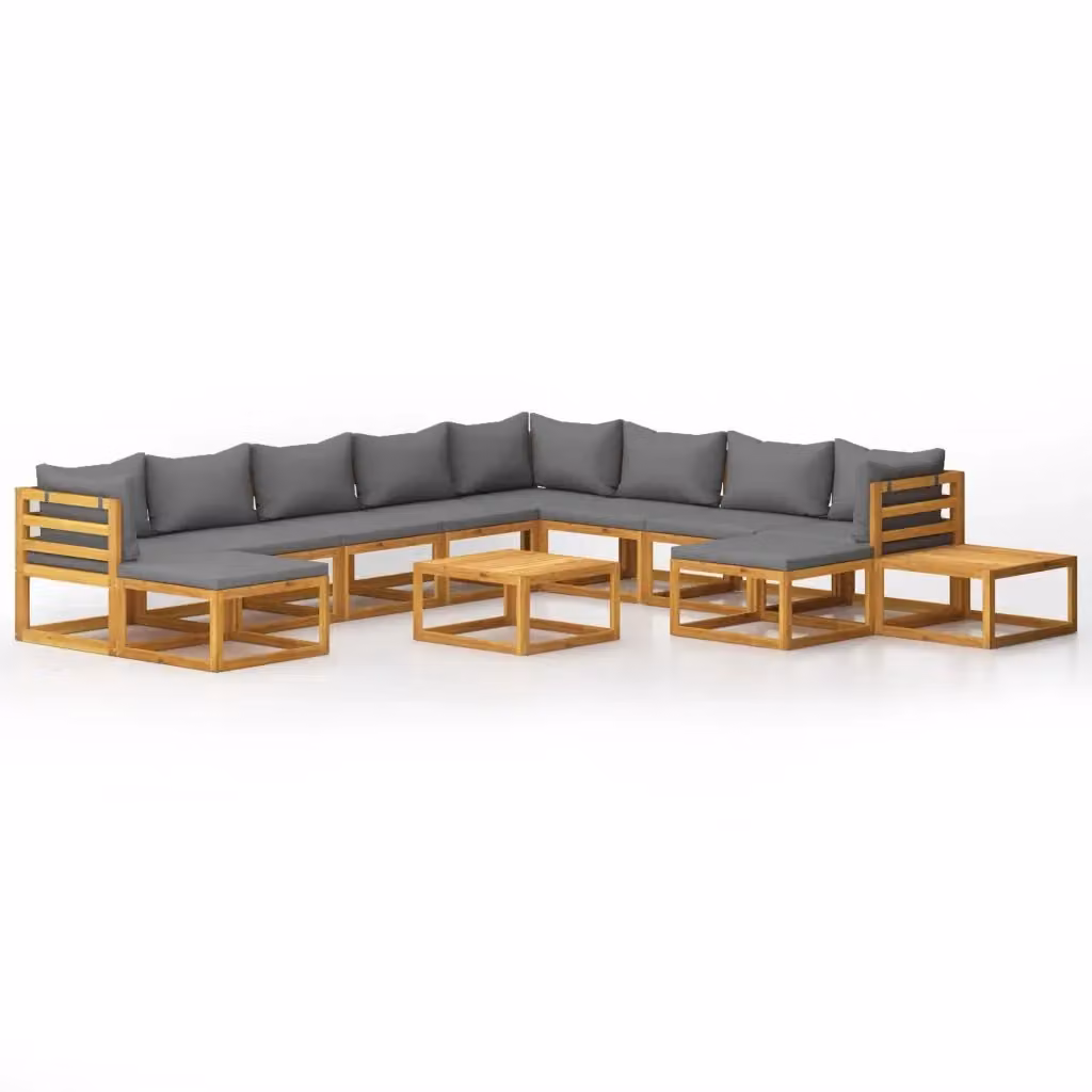 Set di Divani da Giardino vidaXL in Legno di Acacia con Cuscini Grigi, Composizione a L con Tavolino e Pouf, 12 Pezzi – 2