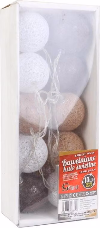 Palline LED in cotone 10 pezzi 6 cm marrone e bianco con cavo 165 cm, luce bianca calda, alimentate da 2 batterie AAA