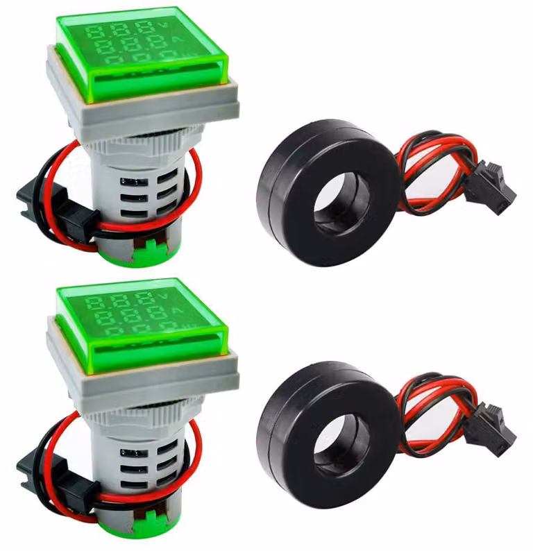 2 indicatori di corrente alternata con display a 3 cifre da 22 mm, per tensioni da 20 a 500 V e correnti da 0 a 100 A, frequenza da 20 a 70 Hz