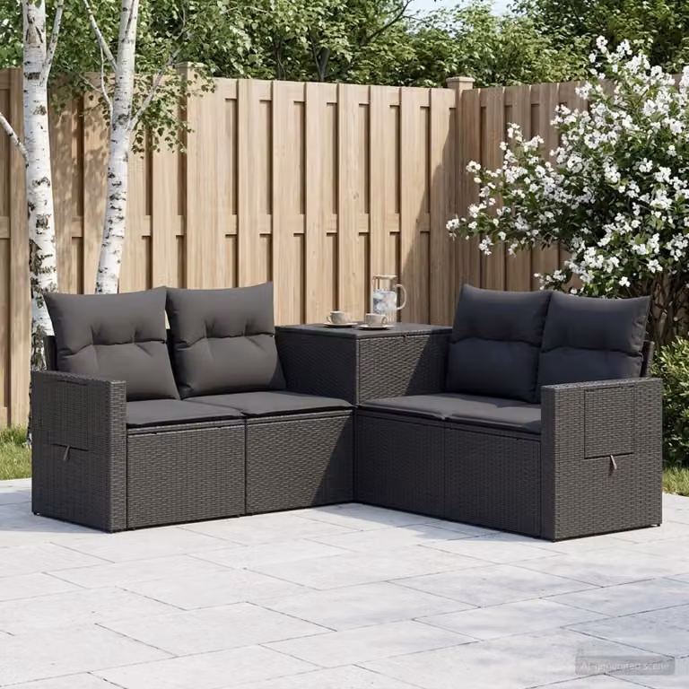 Set di divani da giardino vidaXL a forma di L in polyrattan e metallo nero con cuscini inclusi