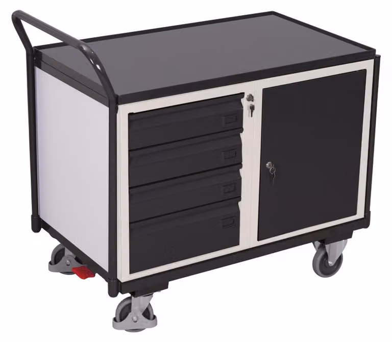 Carrello da tavolo VARIOfit 250kg L1125xP625xH1010mm RAL 7035/7016 4 cassetti, 1 armadietto