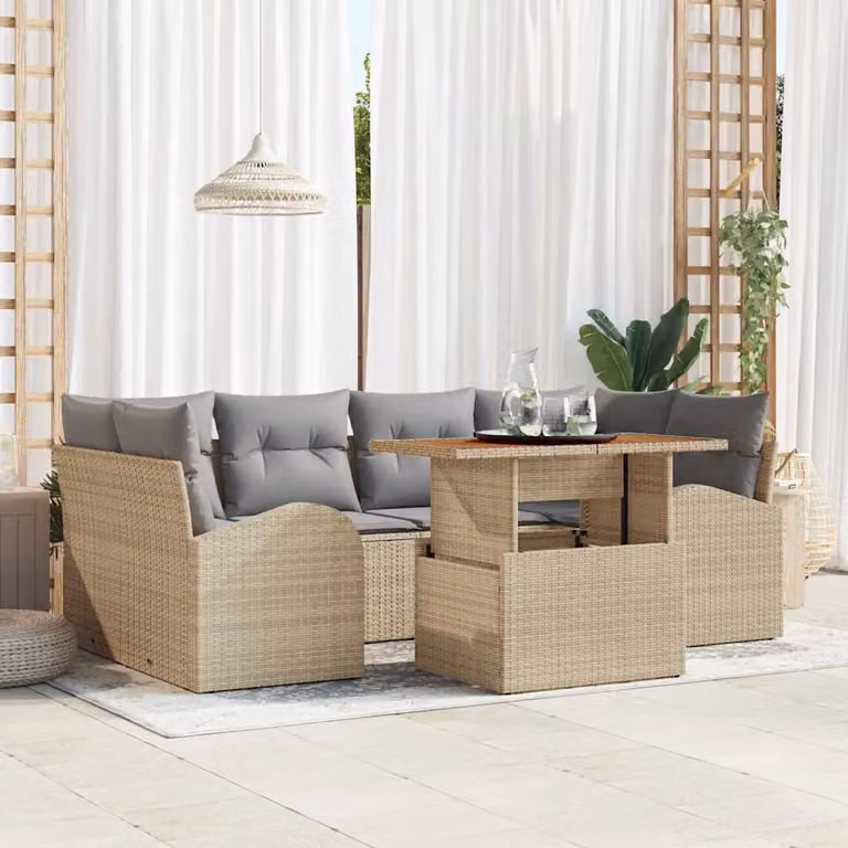 vidaXL Set Divano da Giardino 7 pz a Forma L in Rattan Beige con Tavolino e Cuscini