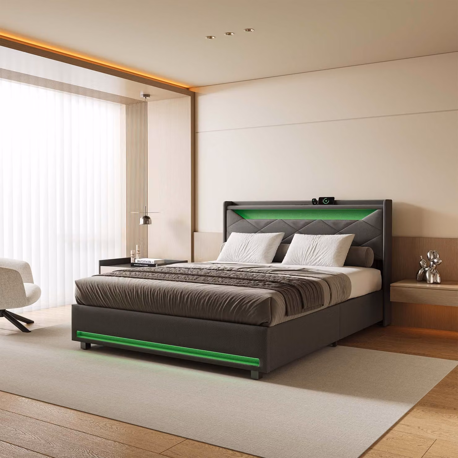 Letto a cassettone in tessuto grigio 140x190 cm con testata a LED, prese USB/Type-C, luci a striscia e contenitore integrato