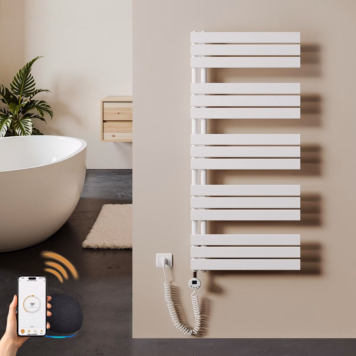 S'AFIELINA 1320x600mm Scaldasalviette elettrico bagno WiFi, termoarredo con termostato, programmabile, LCD, 800 W, asciugamani a basso consumo, bianco