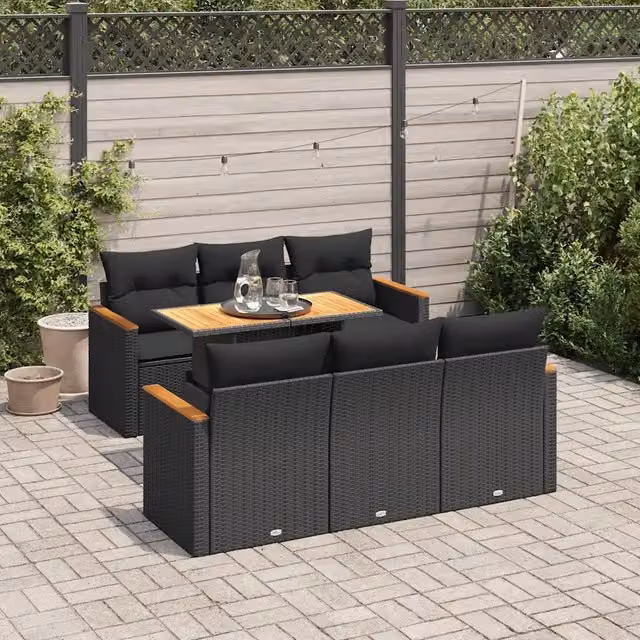 Set Divani da Giardino con Cuscini 7pz Nero Polyrattan Acacia 3327443
