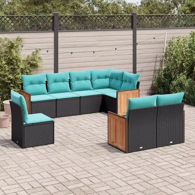 Set di divani da giardino a L vidaXL in polyrattan nero con 8 pezzi e cuscini inclusi