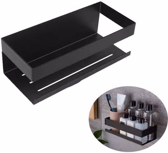 Porta doccia - Porta doccia senza fori - Porta doccia nero - Scaffale porta doccia - Porta doccia da appendere - Ideale per riporre articoli da bagno, saponi, erbe aromatiche e utensili da cucina - 21x35 cm - Acciaio - Adatto per bagno e cucina - Nero