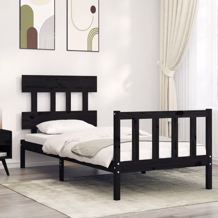 vidaXL Giroletto con Testiera in Legno Massello di Pino Nero Small Single L 90 x P 195,5 x H 80,5 cm