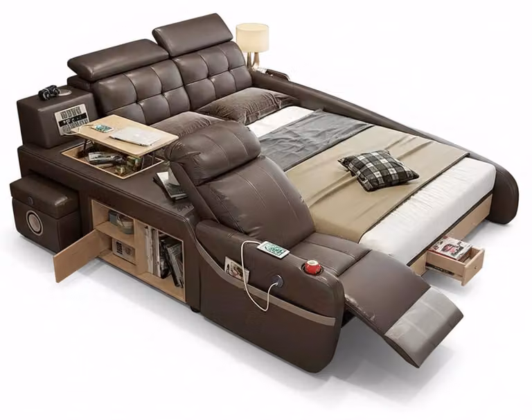 Letto multifunzionale in stile moderno con struttura in legno marrone, per un'atmosfera rilassante
