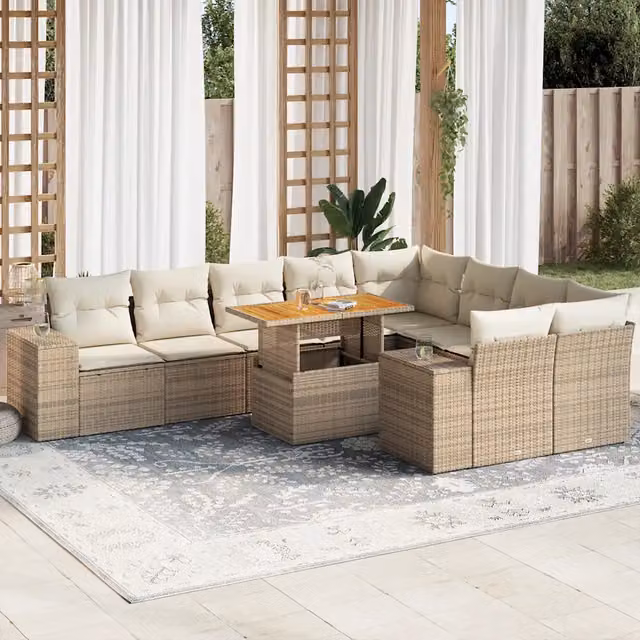 Set da giardino moderno vidaXL composto da 10 pezzi con cuscini beige in polyrattan e legno di acacia a forma di U per esterno – 1