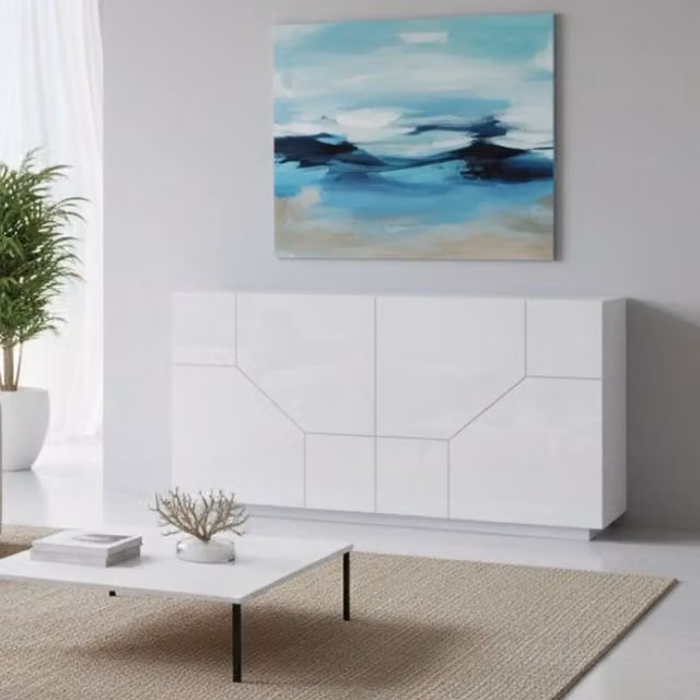 Credenza moderna Ania DMORA a 4 ante, Buffet di design Bianco lucido, L: 200 cm, P: 43 cm, H: 86 cm