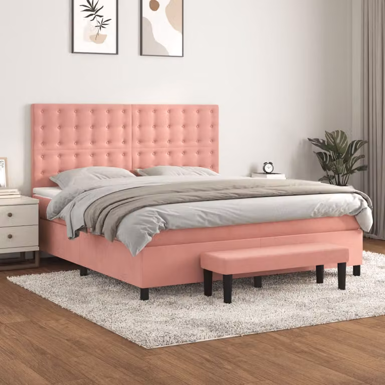 vidaXL Letto con Giroletto a Molle e Materasso Ibrido in Velluto Rosa e Bianco L: 180 cm, P: 200 cm, H: 203 cm