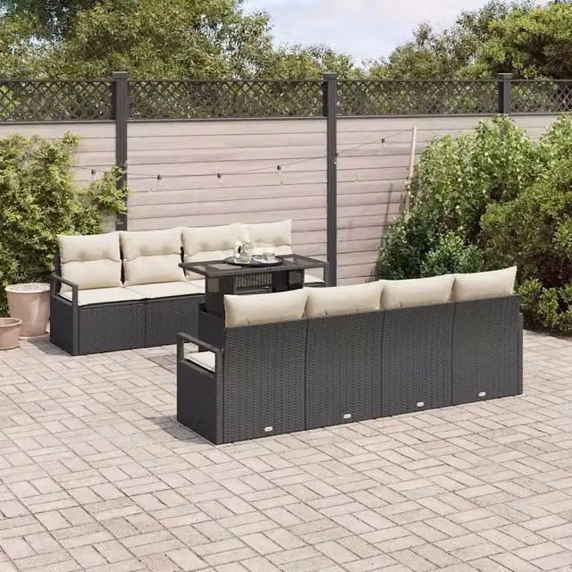 Set Divano da Giardino 9 pz 6-Numero di posti Nero e Crema 3348783