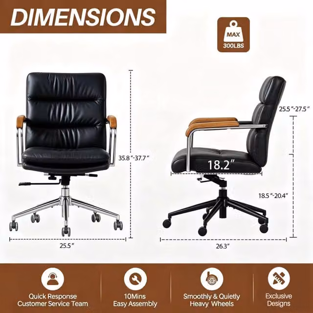 Sedia da ufficio ergonomica REDOM in ecopelle nera con braccioli e base girevole 360 in metallo stile mid-century