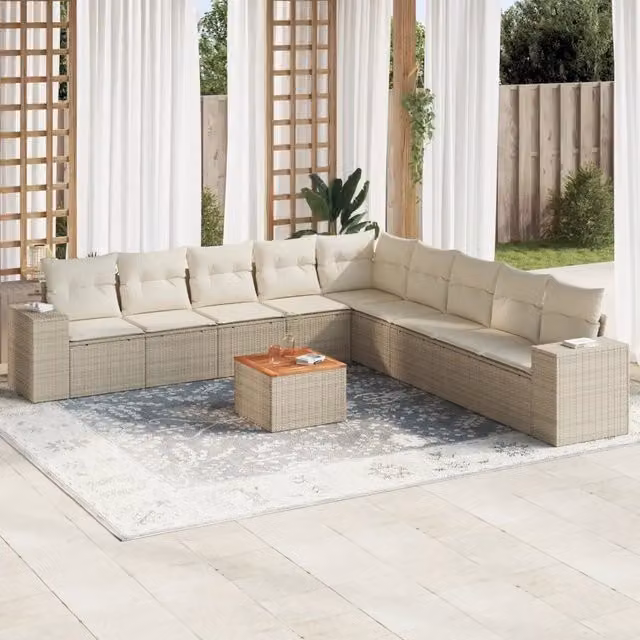 Set Divano da Giardino Moderno VIDAXL in Polyrattan con Cuscini Beige, 10 Pezzi, Forma a L