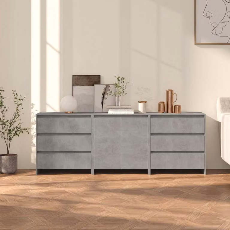 Set di 3 credenze moderne vidaXL in legno multistrato e MDF, colore grigio cemento, modello a parete