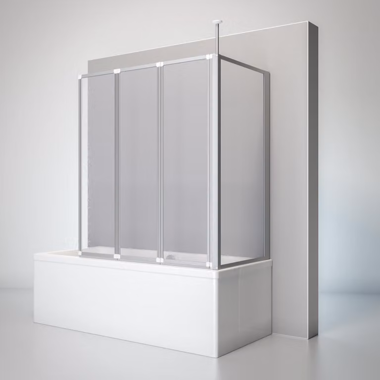 Box doccia Schulte per vasca da bagno, in 3 parti con pannello laterale, pannello pieghevole: 129 x 140 cm, pannello laterale adatto a vasche con profondità compresa tra 68 e 71 cm, vetro sintetico Softline chiaro, alluminio naturale