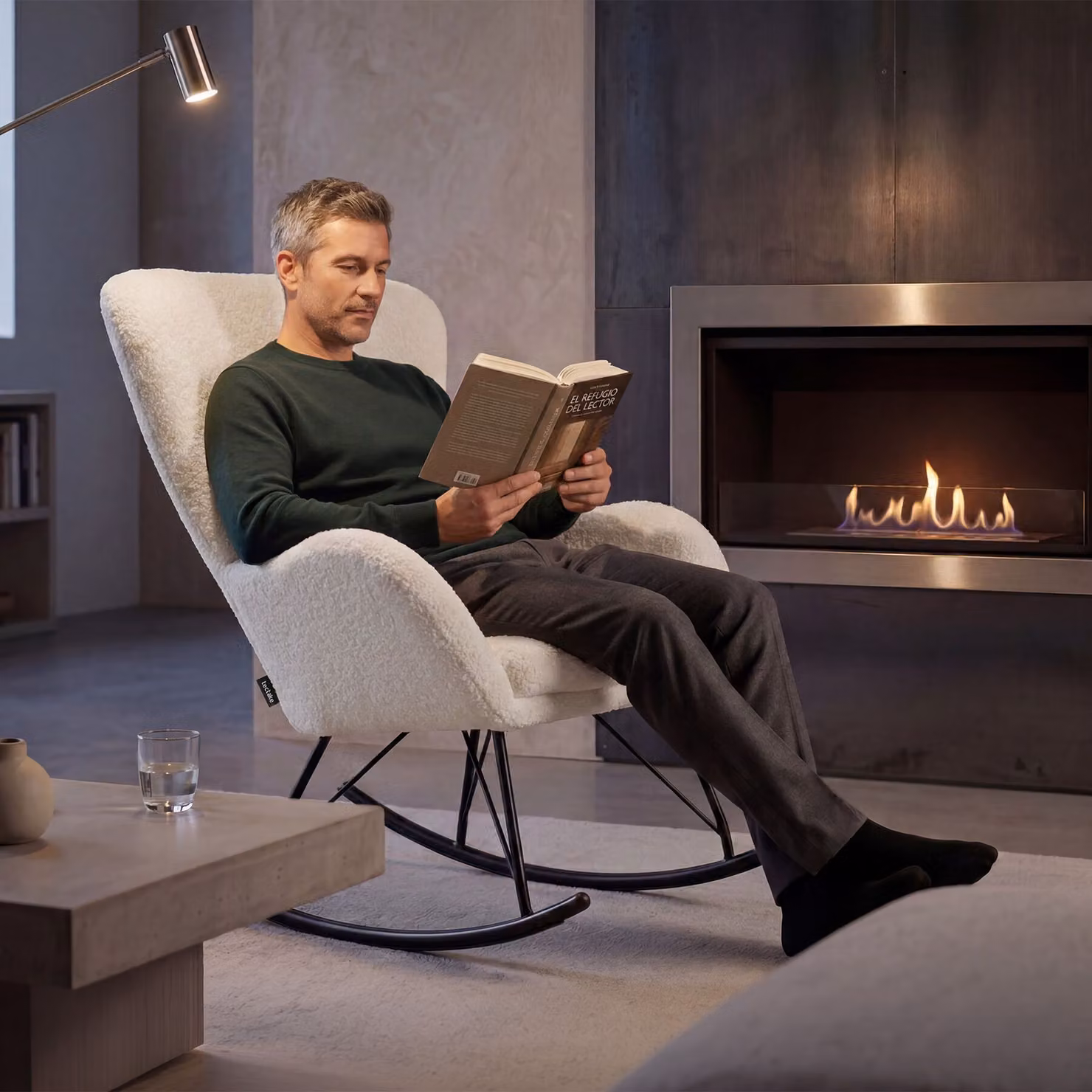 Sedia a dondolo Swing TecTake GmbH in tessuto bouclé bianco e nero con struttura in metallo e braccioli in stile scandinavo – 1