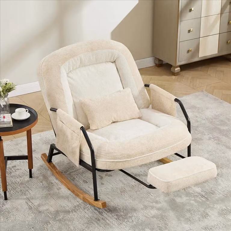 Poltrona a dondolo ergonomica - Poltrona relax con poggiapiedi - 4 posizioni - Supporto per tutto il corpo - Cuscino lombare - Tessuto bouclé - Struttura in legno - Beige