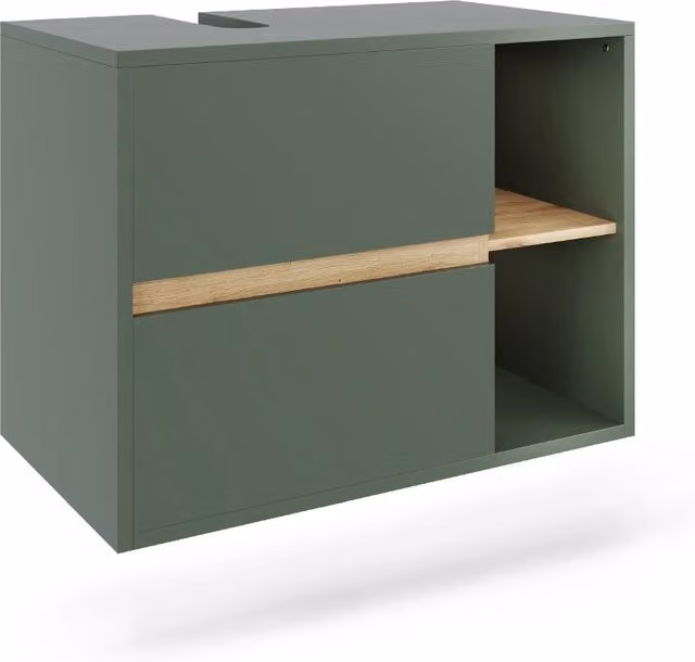 Mobiletto per lavabo moderno Vicco in legno verde e rovere con 2 cassetti L: 80 cm, P: 60 cm, H: 46 cm
