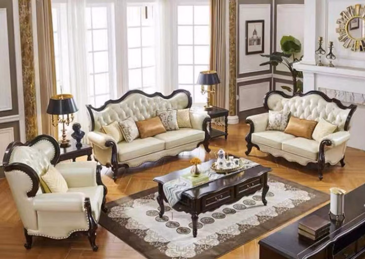 Gruppe Sofagarnitur 3+3+1 Sitzer Luxus Sofa Sessel Sofas Leder Klassisches Set