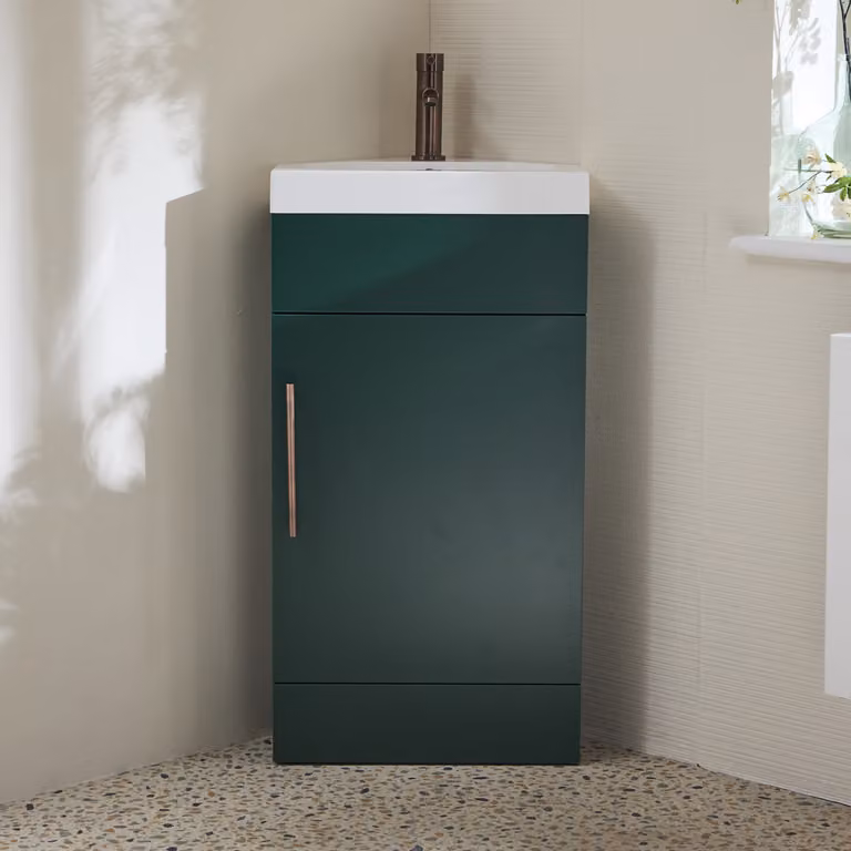 Mobile Bagno a Terra Angolare Verde Scuro da 450mm con Lavabo e Maniglia con Barra a T in Bronzo Spazzolato - Cluo