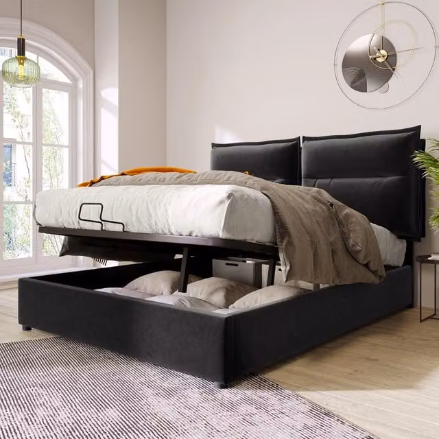 Letto imbottito contenitore matrimoniale ¨C Minimal ¨C 140x200cm velluto nero con materasso rete a doghe metallo testiera regolabile