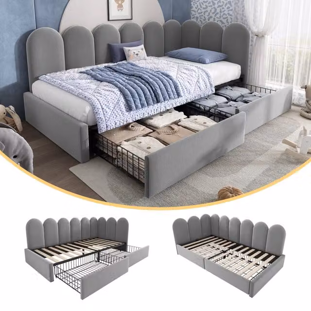 Letto Singolo con Cassetti in Velluto Grigio 90x200 cm Divano Letto Imbottito con Rete a Doghe