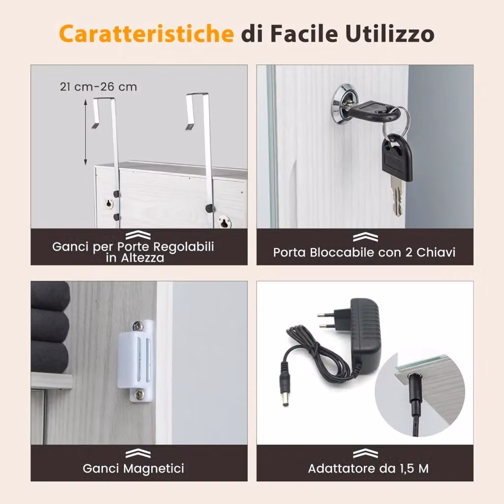 Armadietto Portagioie da Parete COSTWAY Bianco con Specchio, Luci LED e Serratura, L/P/H: 40 x 12,5 x 120 cm – 2