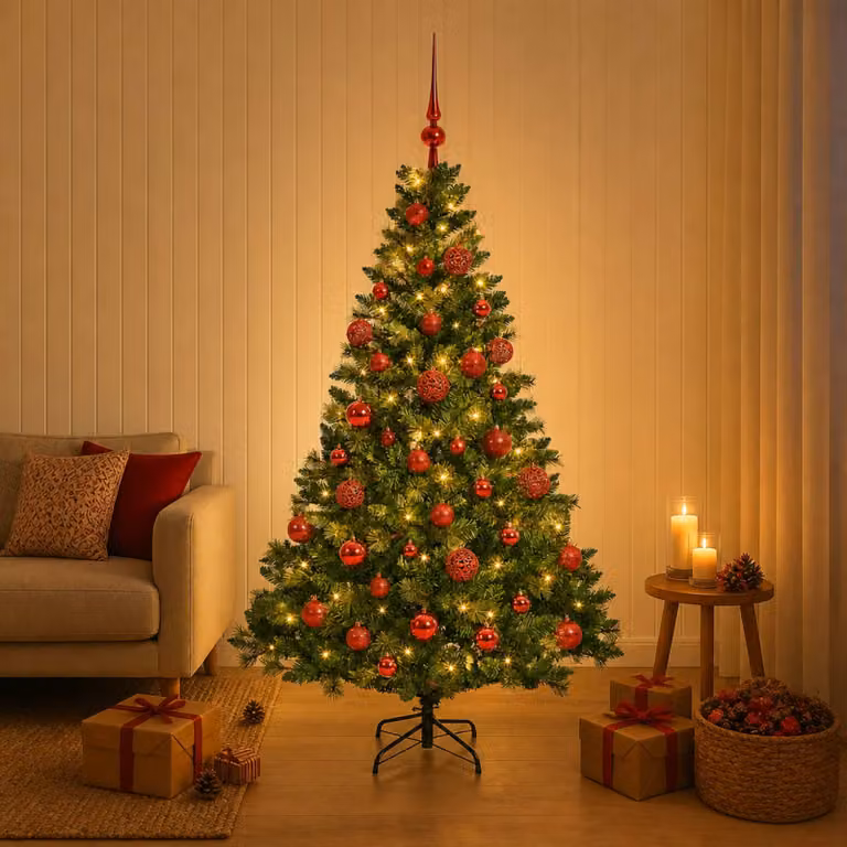 Albero di Natale Artificiale Moderno vidaXL Verde con 150 LED Warm White e Palline, Altezza: 150 cm