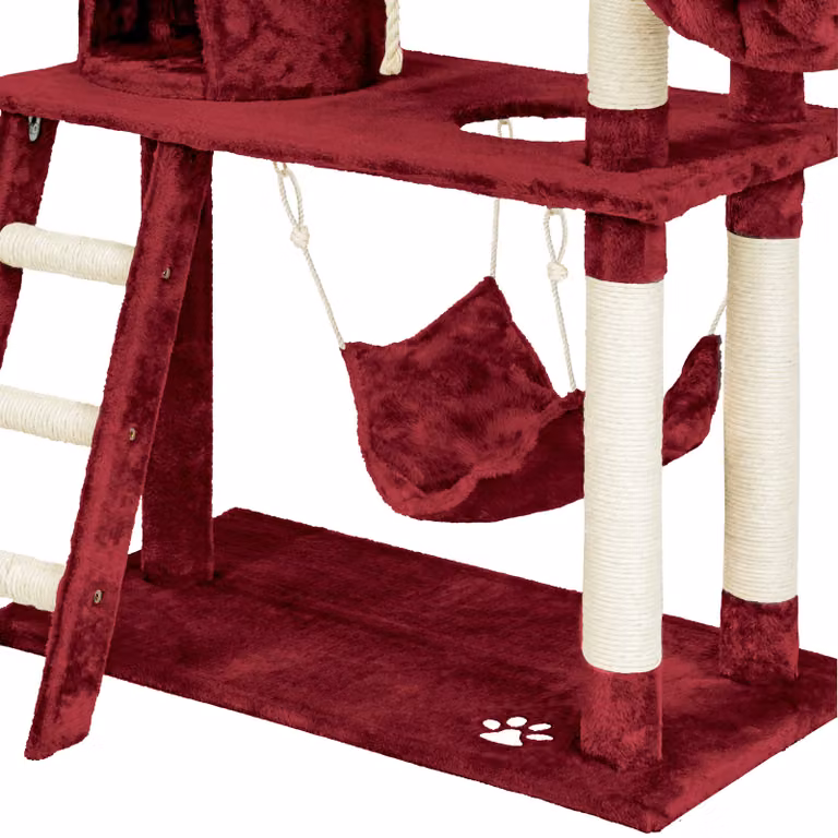 Tiragraffi per gatti TecTake con amaca, grotta e giochi integrati, colore rosso, in sisal e MDF