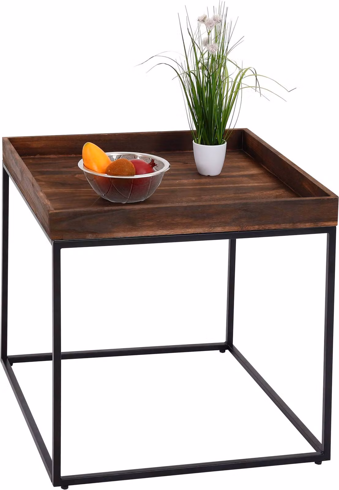Tavolino laterale MCW-K71, tavolino da caffè, tavolino, legno di paulownia e metallo, 60x60x60 cm, colore marrone scuro