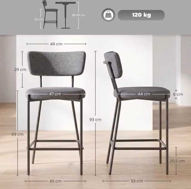 Set 2 sgabelli da bar ULEVR grigi con schienale curvo, seduta in poliestere e struttura in metallo, altezza seduta 63 cm