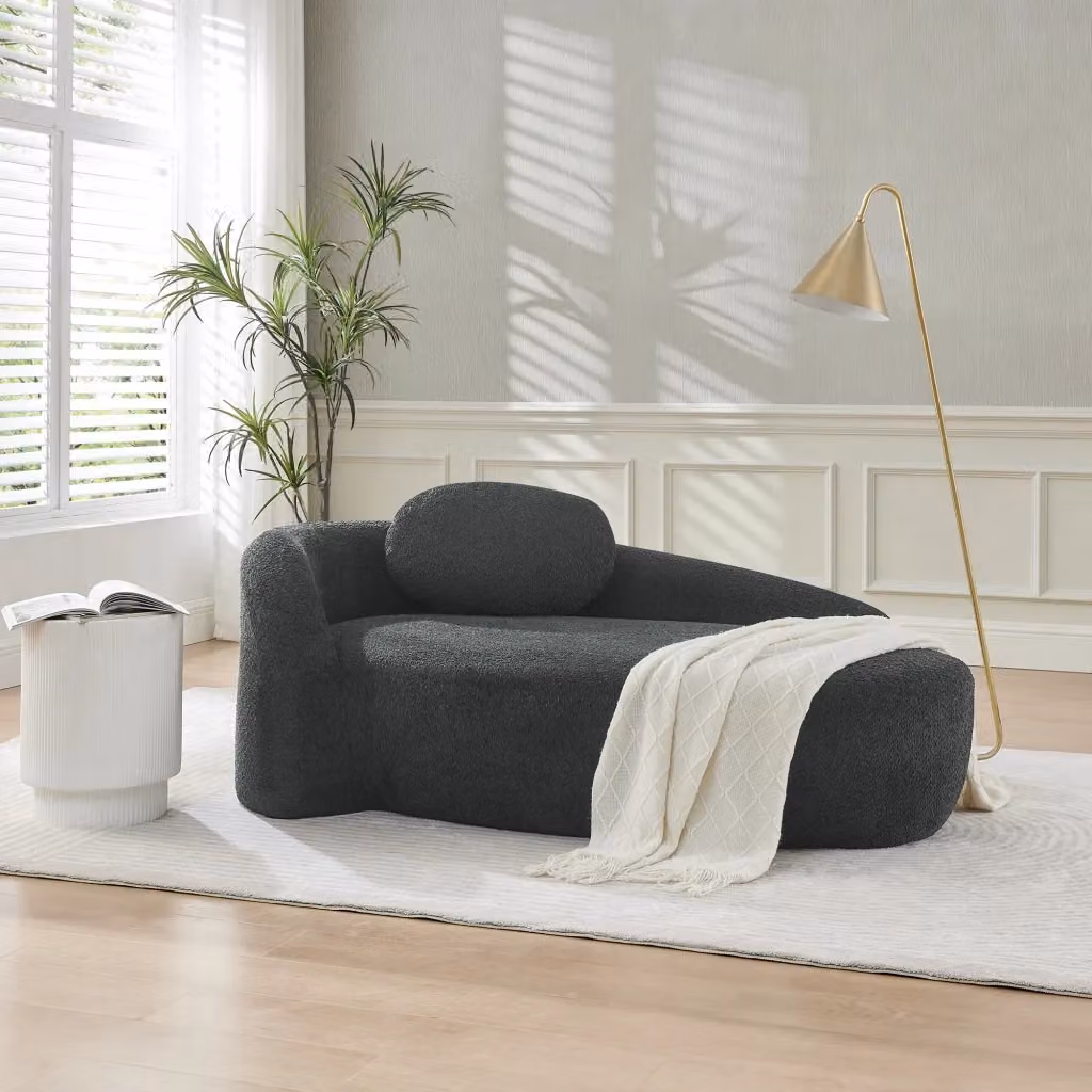 Divano compatto REDOM in tessuto Teddy nero con cuscini inclusi – 2