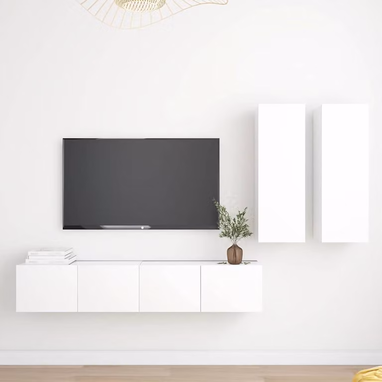 Set di mobili porta TV vidaXL in legno multistrato bianco, design minimalista e lucido, da appendere a parete, 4 pezzi