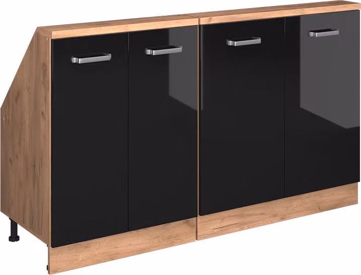 Mobile cucina sottotetto Vicco R-Line Nero lucido 140 cm Set di 2, Model 58153
