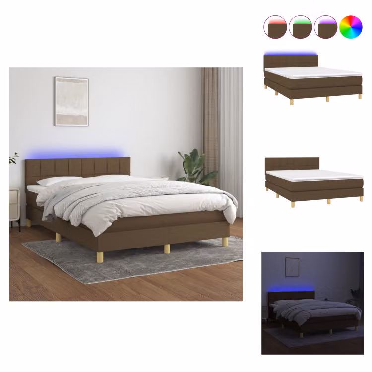 vidaXL Letto a molle con materasso e LED in tessuto marrone scuro 140x190 cm - Letti & strutture letto