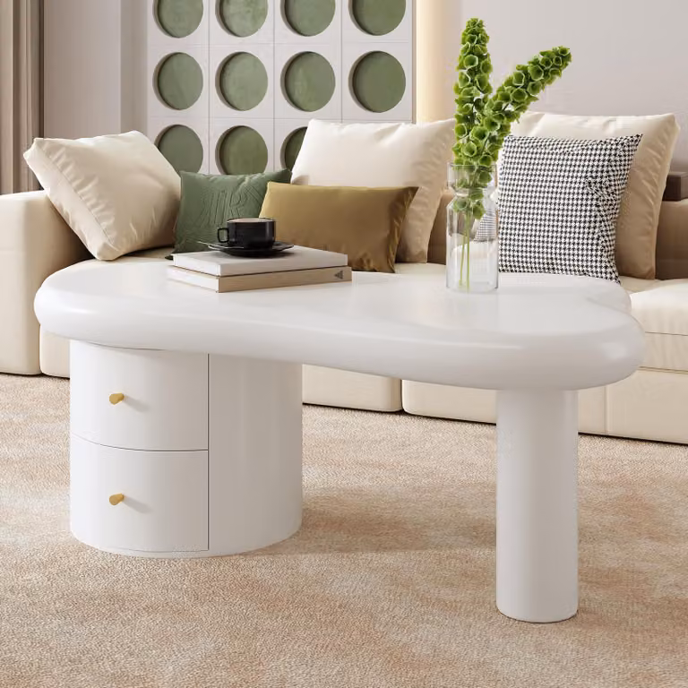 Fortuna Lai: Tavolino da caffè moderno bianco, forma irregolare – 2 cassetti, salvaspazio, elegante, stabile – perfetto per il soggiorno e per diversi usi